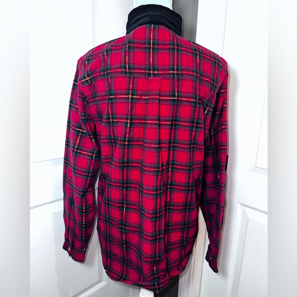 Bobbie Brooks Vintage Christmas Plaid Shirt Velvet Collar Embroidered Trees - Picture 9 of 11